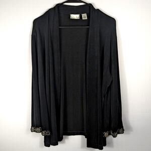 Chico’s Travelers Black Open Front Cardigan 2 Embellished Cuff Stretch Women